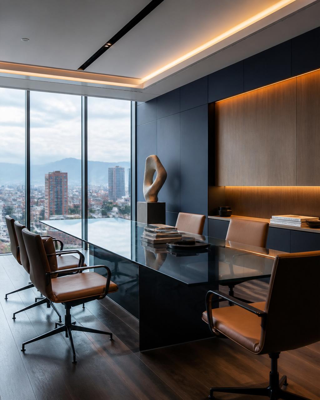 Oficina moderna de la firma con vistas a Bogotá, mobiliario contemporáneo y luz natural